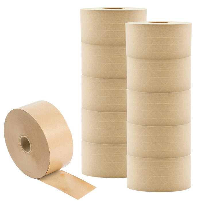 LAUCO Gummed Paper Tape 3" x 450' – Water Activated Kraft Packing Tape with Fiberglass Reinforcement – Heavy Duty, Tamper Evident Shipping Tape – Biodegradable – 10 Rolls