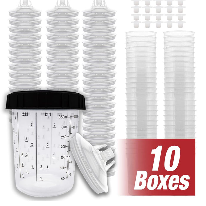 Value Pack 10 Boxes - Disposable Spray Gun Paint Cups Liners and Lid Kit - Each Box Includes: 50 Cup Liners, 50 Lids with 125 Mic, 1 Hard Cup with Retainer Ring and 20 Plugs (10 Boxes of 400ml/13.5oz)