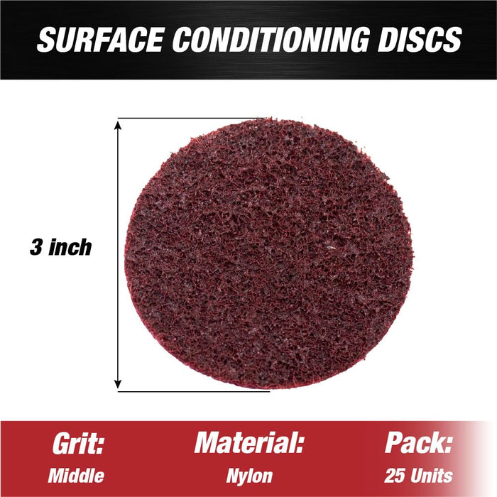 Lauco 3" Diameter Quick Change Nylon Surface Conditioning Discs - Red Middle Sanding Grit (Box of 25) - Sanding Polishing Paint Removal with Male R-Type Backing, Quick Change Roll Lock Connection