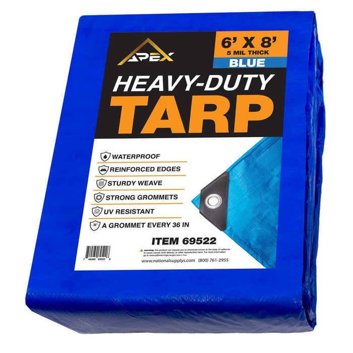 Heavy Duty Blue Tarp - 6ft x 8ft 5 MIL Multipurpose UV Resistant, Waterproof Protective Tarp Cover with Metal Grommets and Reinforced Edges - for Roof, Camping, Patio, Boat, Car 69522