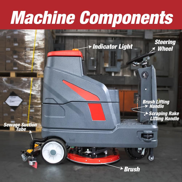 Commercial Ride-On Floor Battery Powered Scrubber Machine, 22" Brush, Complete Set of Parts, , With Two 22" Brushes, 5 Hours Continuous Working Time, 17 Gal Tank, 36,166 Sqft/H Efficiency 17456