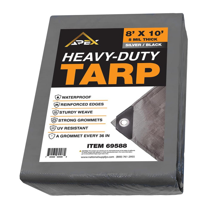 Heavy Duty Tarp 5 MIL Multipurpose UV Resistant, Waterproof Protective Tarp Cover with Metal Grommets and Reinforced Edges - for Roof, Camping, Patio, Boat, Car (Silver/Black, 8ft x 10ft) 69588