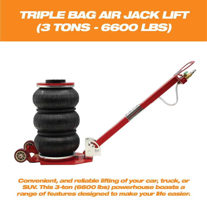 3 Ton Triple Bag Air Jack Lift, 6600 lbs Pneumatic Airbag Jack with Long Handle, Quick Lift Air Jack, Heavy Duty Automotive Jack, 5.5" to 15.5" Lift Range for Cars, SUVs, Pickups and Garage Repair