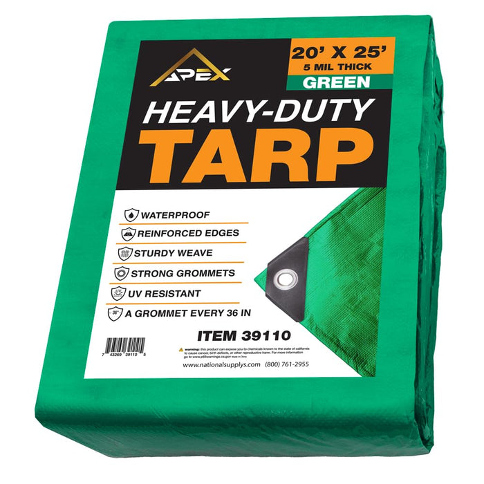 Heavy Duty Green Tarp - 20ft x 25ft - 5 MIL Multipurpose UV Resistant, Waterproof Protective Tarp Cover with Metal Grommets and Reinforced Edges - for Roof, Camping, Patio, Boat, Car 39110