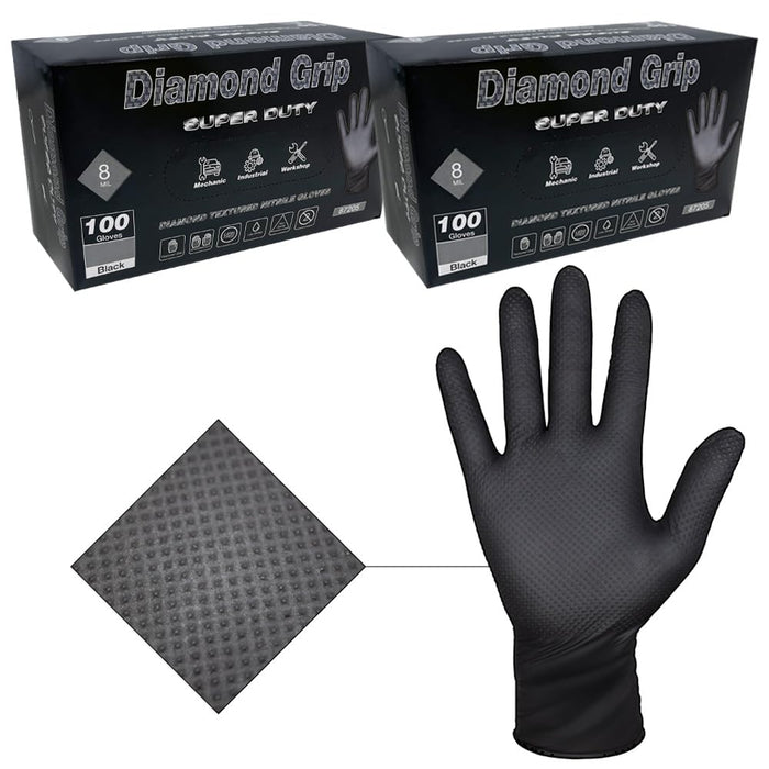 Heavy Duty Industrial Black Nitrile Gloves with Raised Diamond Texture, 8-mil, Latex Free, Powder Free (2, Large (Pack of 200)) 87205