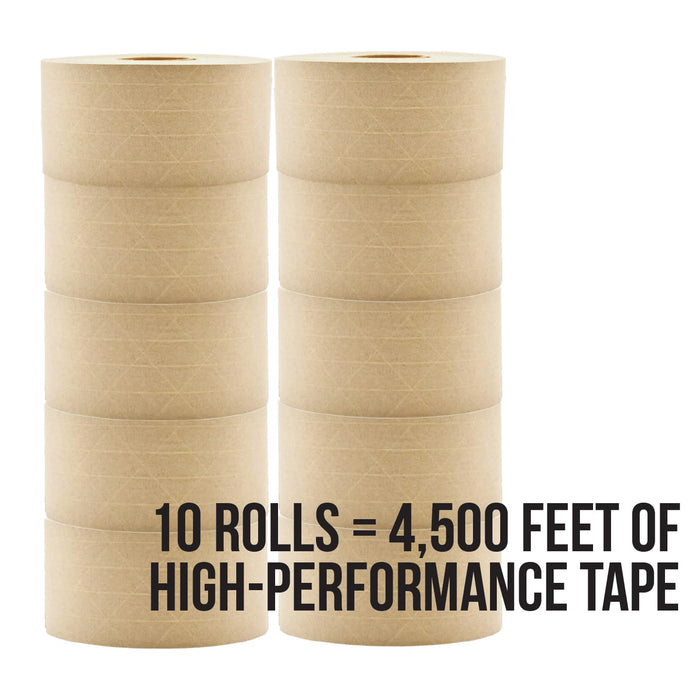 LAUCO Gummed Paper Tape 3" x 450' – Water Activated Kraft Packing Tape with Fiberglass Reinforcement – Heavy Duty, Tamper Evident Shipping Tape – Biodegradable – 10 Rolls