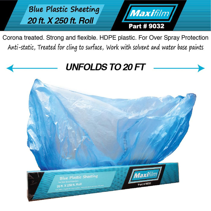MAXIFILM 20ft x 250ft Roll of Blue Overspray Paintable Masking Plastic Sheeting -8 Micron, 0.3 Mil, Protective Masking Film Cover, Auto Painting, Cover Cloth Home Walls Furniture (2, 20ft x 250ft)