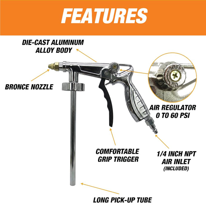LAUCO Rintek Aplicator Bedliner Spray Gun with Air Regulator Attached and 1/4 Inch NPT Air Inlet - Fits 1 Liter U-Pol Raptor Bottles Truck Bed Liner 87202