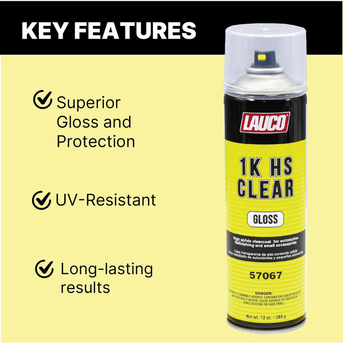 LAUCO 1K HS Gloss Clear 13 oz Automotive Aerosol Spray Paint Can with Aerosol Spray Gun - Pack of 6 - Acrylic Clear Coat Perfect for Protecting Refinish Color on Small Accessories 57067