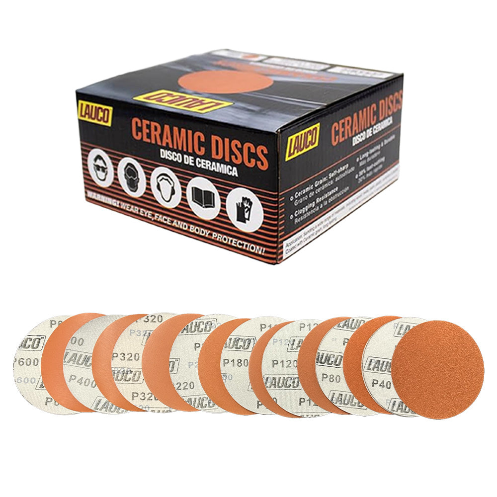 Premium 6" Variety Pack Hook and Loop Ceramic Sanding Discs, No Hole, 5 Each of Grit (40, 80, 120, 180, 220, 320, 400, 600) - Box of 40 Sandpaper for Automotive Sanding