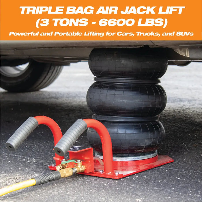 Pneumatic Triple Bag Air Jack 3 Ton/6600 lbs, Airbag Jack with Six Steel Pipes, Lift up to 15.5 inch, 3-5 s Fast Lifting Pneumatic Jack, with Side Handles for Car, Garage, Repair (Red) - National Supply Company