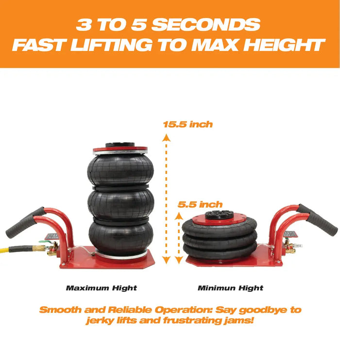Pneumatic Triple Bag Air Jack 3 Ton/6600 lbs, Airbag Jack with Six Steel Pipes, Lift up to 15.5 inch, 3-5 s Fast Lifting Pneumatic Jack, with Side Handles for Car, Garage, Repair (Red) - National Supply Company