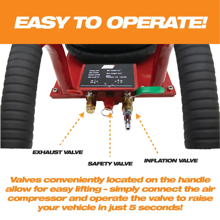 Pneumatic Triple Bag Air Jack 3 Ton/6600 lbs, Airbag Jack with Six Steel Pipes, Lift up to 15.5 inch, 3-5 s Fast Lifting Pneumatic Jack, with Side Handles for Car, Garage, Repair (Red) - National Supply Company