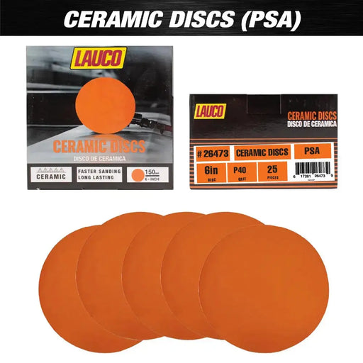 6" Premium Ceramic PSA Sanding Discs – 40 Grit, No Hole, Self-Adhesive, 25 Pack Lauco