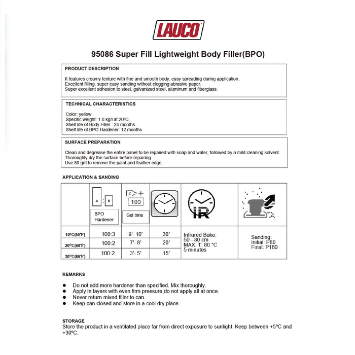 LAUCO Super Fill Premium Lightweight Body Filler - Pack of 8 - Ideal for Small-Medium Dents & Scratches, Adheres to Fiberglass, Steel, Galvanized, Zinc & Aluminum, 8 Quart + 8 Hardener
