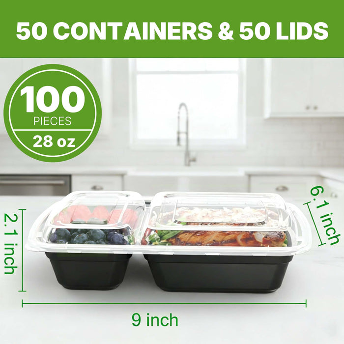 Meal Prep Containers with Lids, Reusable 2-Compartment Food Storage, Sturdy Leakproof, Food Safe, Microwave Freezer Dishwasher Safe, To-Go Takeout Plastic Containers, 50 Pack (100-Piece) – 60828