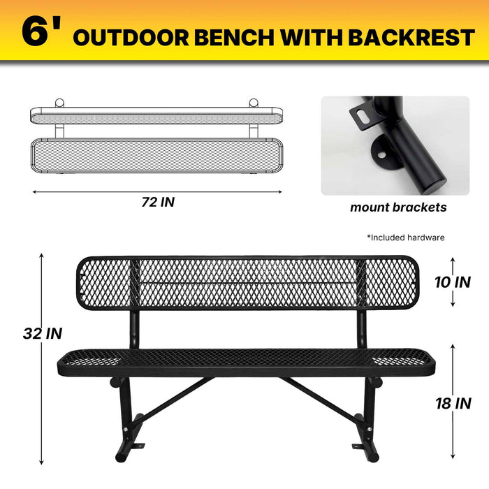 LAUCO Heavy Duty Steel Outdoor Picnic Bench, Black Powder Coated, 72-Inch, Perforated Metal Design with Backrest, 1000 lbs Capacity, Industrial Style