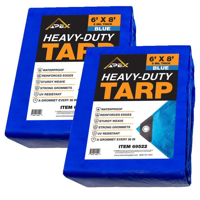 Heavy Duty Blue Tarp - 6ft x 8ft 5 MIL Multipurpose UV Resistant, Waterproof Protective Tarp Cover with Metal Grommets and Reinforced Edges - for Roof, Camping, Patio, Boat, Car 69522