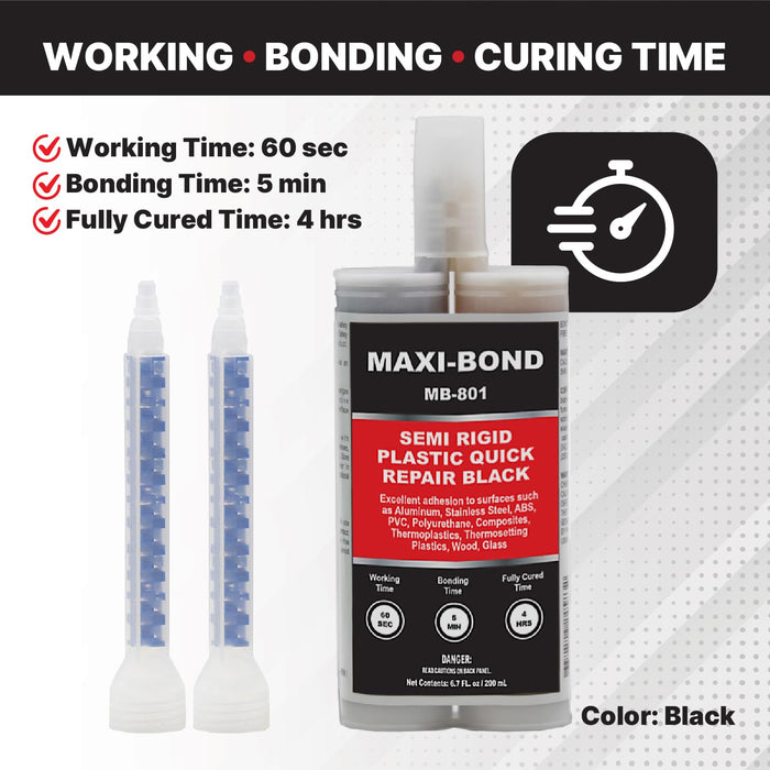 LAUCO Maxi-Bond Semi-Rigid Plastic Quick Repair Adhesive Black – 200ml (MB-801) – Fast-Setting Polyurethane for Automotive Body Plastic Repair 4585