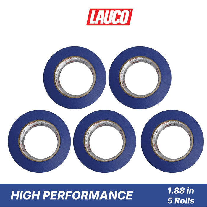 LAUCO Multi-Surface Blue Painter’s Masking Tape, Medium Adhesion, UV-Resistant, Clean Removal, 1.88 in x 60 yds (48mm x 55m) Rolls, Ideal for Indoor & Outdoor Painting, Trim, Walls, 5 Rolls