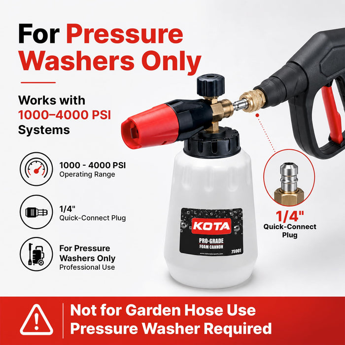 KOTA Pro-Grade Foam Cannon for Pressure Washer, 4000 PSI Snow Foam Lance with 1/4 Inch Quick Connect, 1.25mm Orifice, Solid Brass Core, Adjustable Thick Foam Cannon