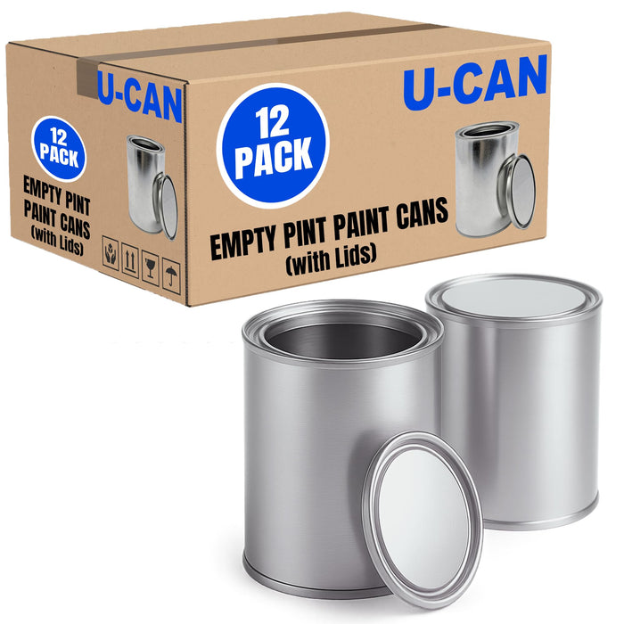 LAUCO Empty Paint Cans with Lids – 16oz, 32oz & 128oz Metal Paint Cans in Multiple Bulk Pack Sizes – DIY, Crafts, Storage (16oz – 12 Pack)