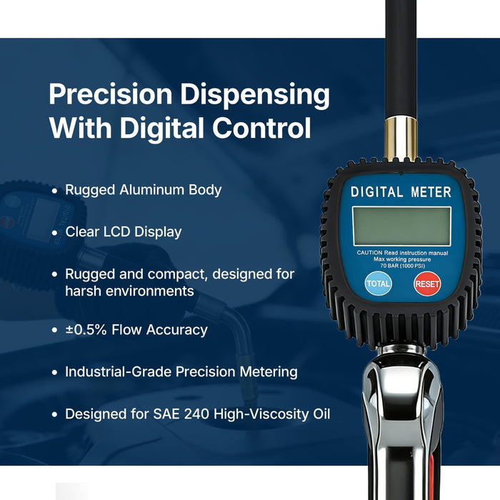 LAUCO Digital Oil Gun for Air Operated Oil Pump Systems – Heavy-Duty Metered Dispensing Nozzle for SAE240 Oils and Fluids – For 3:1 Pump Kits, 55 Gallon Drum Setup (Not for Gasoline or Diesel)