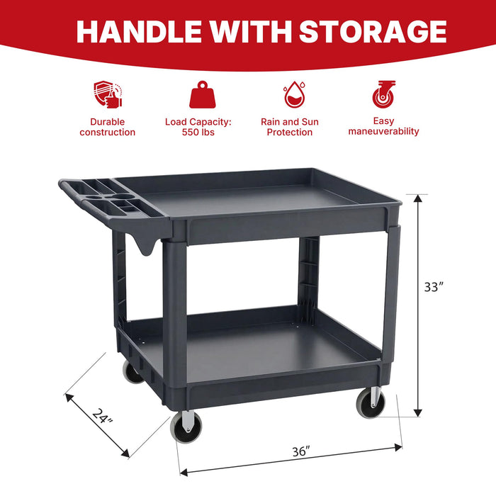 Lauco Heavy Duty Polypropylene Utility Cart - ﻿36" x 24" x 33" - Industrial Cart with Full Swivel Wheels Safely Holds up to 550 lbs - Multipurpose 2 Tier Service Cart for Warehouse, Garage, Cleaning