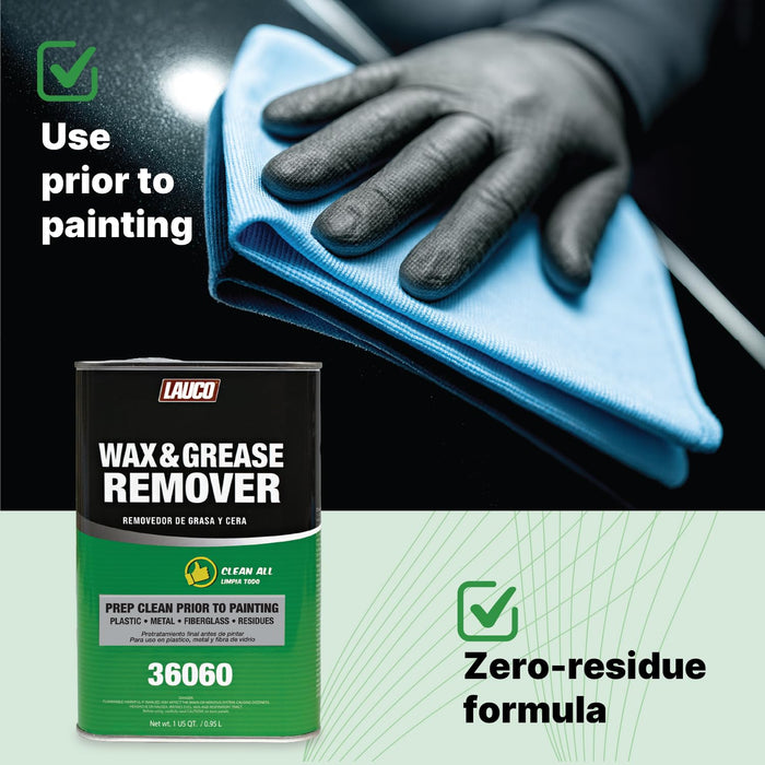 LAUCO Wax and Grease Remover Multi-Surface Paint Prep Cleaner for Auto Body (36060), Garage | Works On Plastic, Metal, Fiberglass Powerful Solvent Degreaser (Quart)