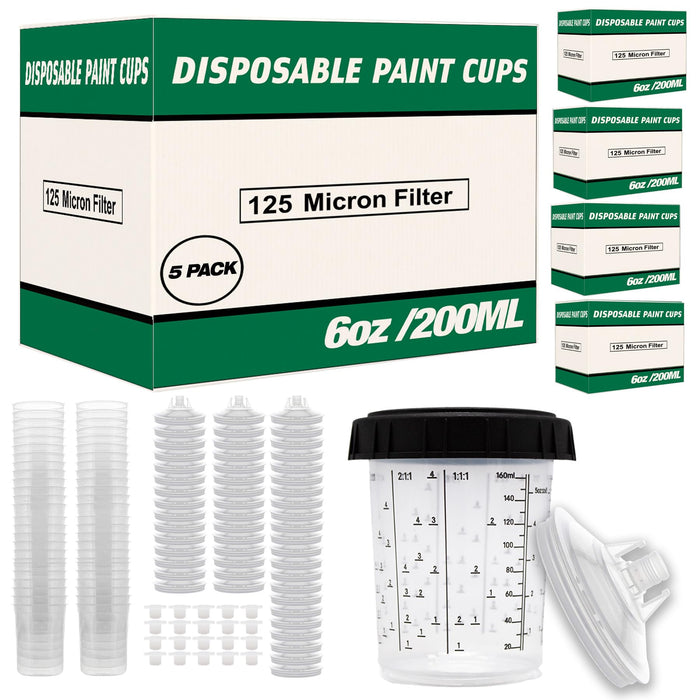 Value Pack 10 Boxes - Disposable Spray Gun Paint Cups Liners and Lid Kit - Each Box Includes: 50 Cup Liners, 50 Lids with 125 Mic, 1 Hard Cup with Retainer Ring and 20 Plugs (5 Boxes of 200ml/6oz)