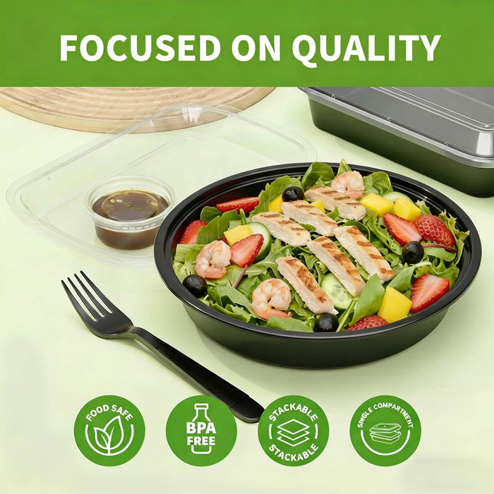 50 Pack (100-Piece) Meal Prep Containers Reusable with Lids, Sturdy Leakproof & Food Safe, Microwave, Freezer, Dishwasher Safe Prep Containers, To Go Take Out Plastic Food Storage (Round 32oz) 60823
