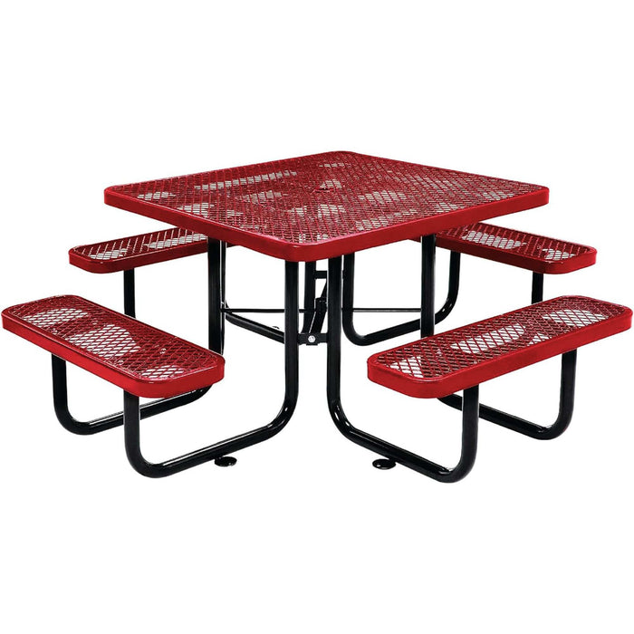 LAUCO Square Picnic Table, Expanded Metal, Red Thermoplastic Coating, Attached Benches, 1-1/2” Umbrella Pole Hole, Outdoor-Rated, 1000 lb Capacity 36078