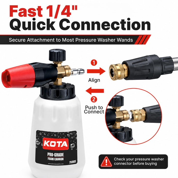 KOTA Pro-Grade Foam Cannon for Pressure Washer, 4000 PSI Snow Foam Lance with 1/4 Inch Quick Connect, 1.25mm Orifice, Solid Brass Core, Adjustable Thick Foam Cannon
