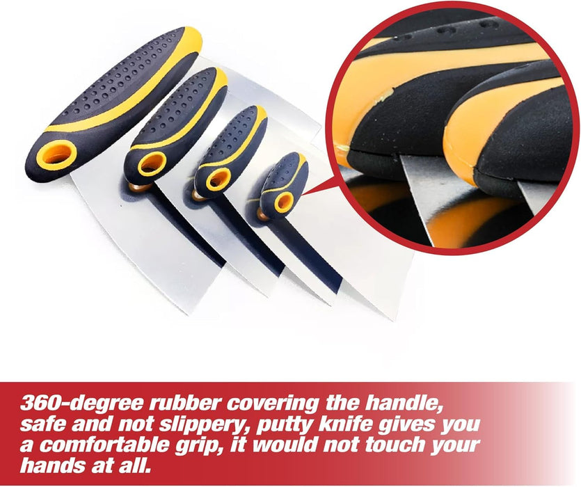 4-Piece Set of Stainless Steel Body Filler and Putty Spreaders/Scraper Set with Handles - Sizes: 2", 3", 4" and 6" | Repairing Drywall, Removing Wallpaper, Applying Putty, Plaster, Cement, Adhesive