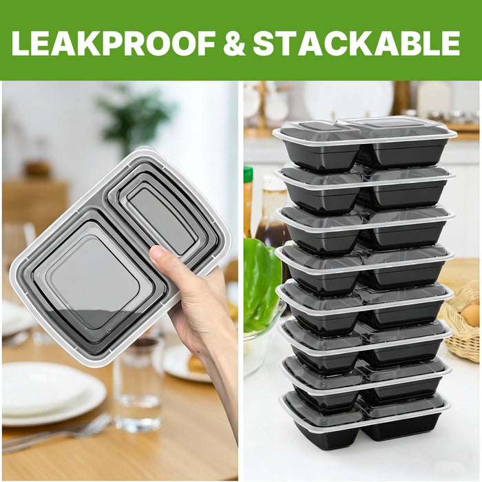 Meal Prep Containers with Lids, Reusable 2-Compartment Food Storage, Sturdy Leakproof, Food Safe, Microwave Freezer Dishwasher Safe, To-Go Takeout Plastic Containers, 50 Pack (100-Piece) – 60828