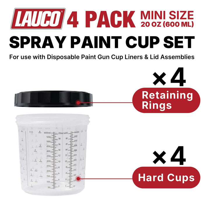 LAUCO 4 Pack Set of Medium Size 27 Ounce Hard Cups and Retainer Rings - 4 Hard Cups and 4 Rings for Use with The Disposable Paint Spray Gun Cups Liners and Lid System (600ML)