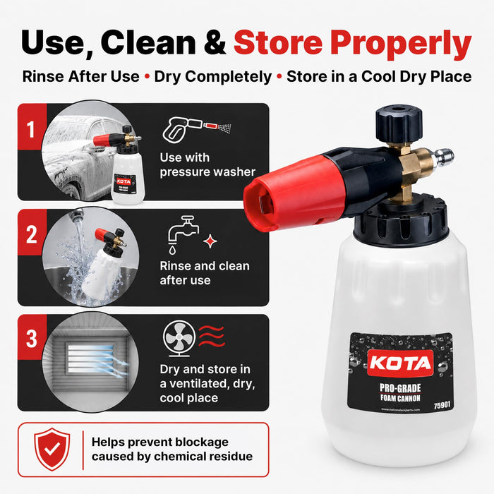 KOTA Pro-Grade Foam Cannon for Pressure Washer, 4000 PSI Snow Foam Lance with 1/4 Inch Quick Connect, 1.25mm Orifice, Solid Brass Core, Adjustable Thick Foam Cannon