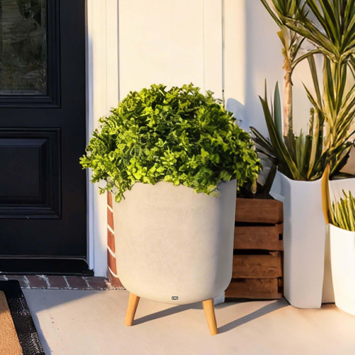 14 Inch Plastic Planter Pot with Stand, Handcrafted Modern Plant Pot, Durable Tall Flower Pot for Indoor & Outdoor Plants, Living Room & Garden Decor, Light Coffee/Natural wooden legs (2 Pack) 87227