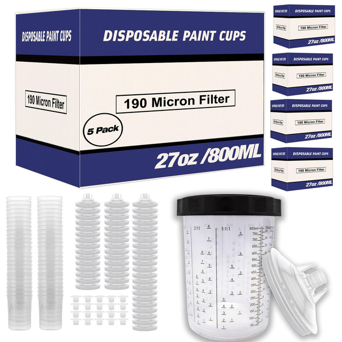 Disposable Paint Spray Gun Cups Liners and Lid System 50 Liners, 50 Lids, 190MIC, 1 Hard Cup with Retainer Ring and 20 Plugs - Compatible w/ Original 1.0 System (not 2.0) (5 Boxes of 800ml / 27oz)