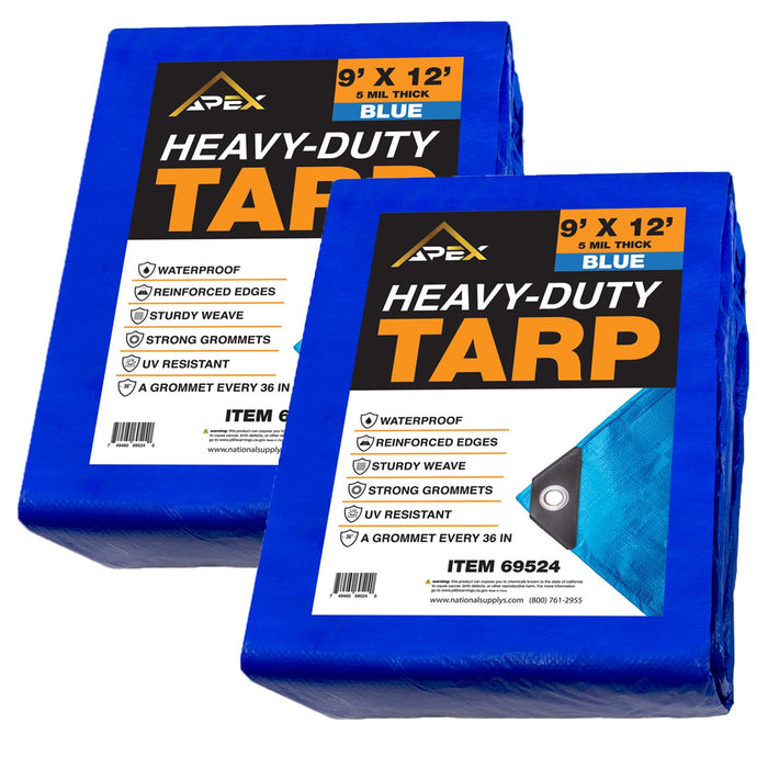 Heavy Duty Blue Tarp - 9ft x 12ft (2 Pack) - 5 MIL Multipurpose UV Resistant, Waterproof Protective Tarp Cover with Metal Grommets and Reinforced Edges - for Roof, Camping, Patio, Boat, Car 69524