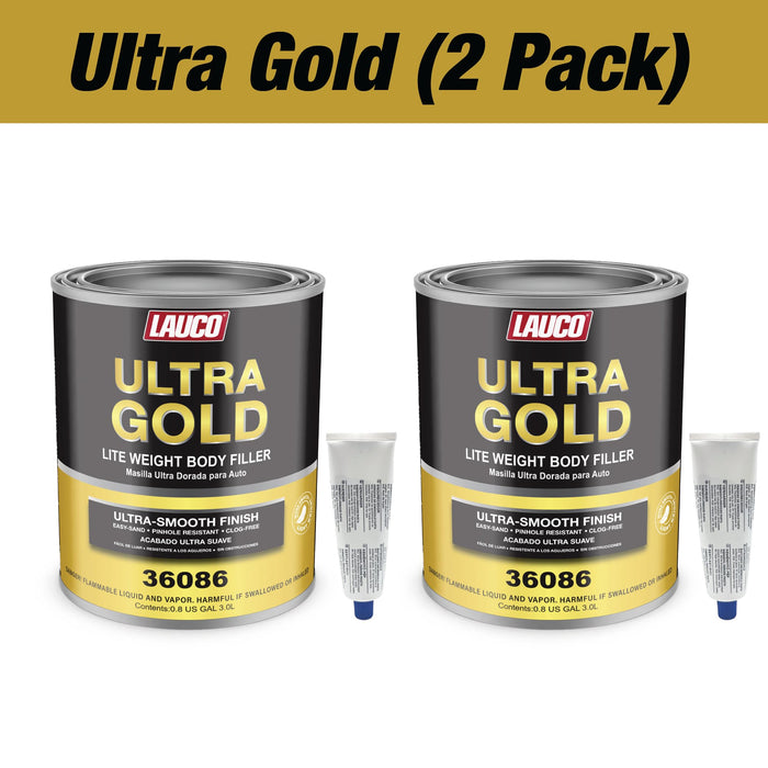 LAUCO Ultra Gold Premium Lightweight Body Filler, Bridges Holes, Water Resistant, Lightweight Filler for Fiberglass, Steel, Plastics, Ultra Gold, 6 Liters + 2 Hardener- 36086