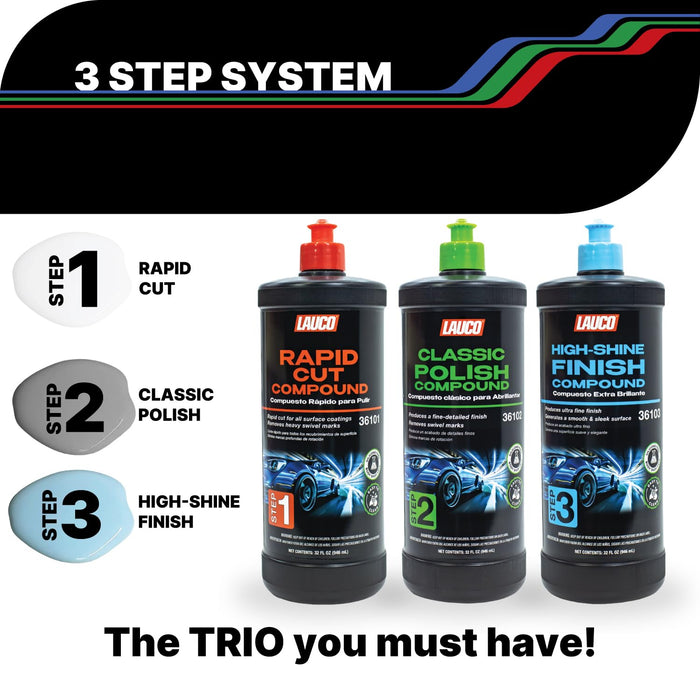 LAUCO 3-Step Kit – Steps 1 2 3 – 32oz, with a Towel, Professional Silicone-Free Cutting, Polishing & Finishing Compounds for Scratch Removal, Clear Coat Safe High-Gloss Finish