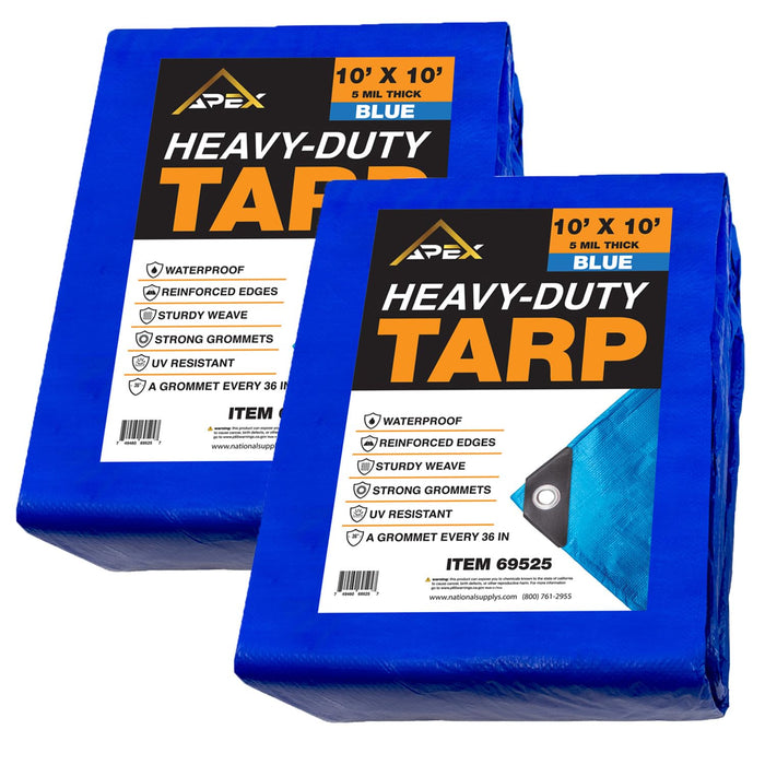 Heavy Duty Blue Tarp - 10ft x 10ft (2 Pack) - 5 MIL Multipurpose UV Resistant, Waterproof Protective Tarp Cover with Metal Grommets and Reinforced Edges - for Roof, Camping, Patio, Boat, Car 69525