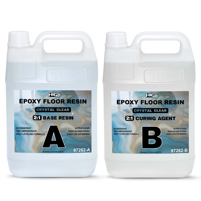 Crystal Clear Epoxy Floor Resin Kit 2:1 Ratio – 2.6 Gallon Base Resin (2 Bottles) + 1.3 Gallon Curing Agent (1 Bottle), Self Leveling UV Resistant Waterproof for High Gloss Finish