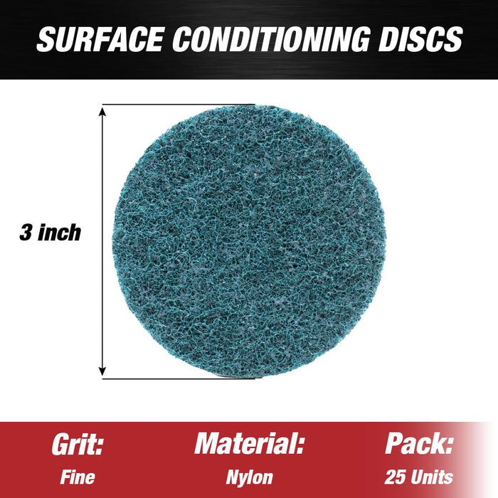 Lauco 3" Diameter Quick Change Nylon Surface Conditioning Discs - Blue Fine Sanding Grit (Box of 25) - Sanding Polishing Paint Removal with Male R-Type Backing, Quick Change Roll Lock Connection