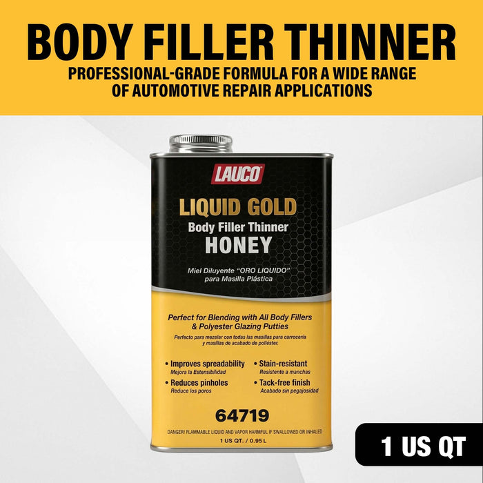 LAUCO Liquid Gold Body Filler Thinner Honey, Bridges Holes, Water Resistant, Lightweight Filler for Fiberglass, Steel, Plastics, Thinner Honey