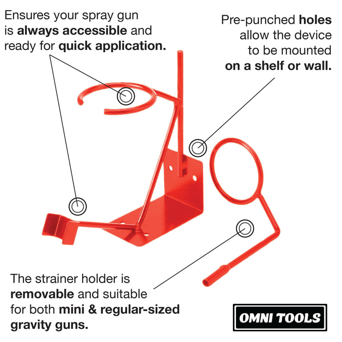 LAUCO Spray Paint Gun Holder, Gravity Spray Gun Holder Stand with Strainer Holder, Paint Gun Stand for Wall or Bench Mount, HVLP, Red (Without 250 Strainers, 4)