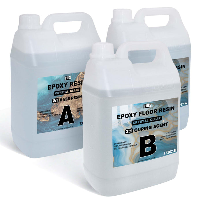 Crystal Clear Epoxy Floor Resin Kit 2:1 Ratio – 2.6 Gallon Base Resin (2 Bottles) + 1.3 Gallon Curing Agent (1 Bottle), Self Leveling UV Resistant Waterproof for High Gloss Finish