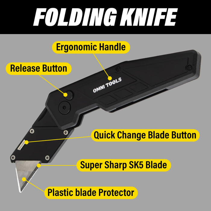 Heavy Duty Folding Utility Knife with 5 Replacement Blades, Quick Change Razor Box Cutter, Ergonomic Handle, Portable Pocket Cutter for Cardboard, Drywall, Plastic, Rope, Carpet and DIY Projects