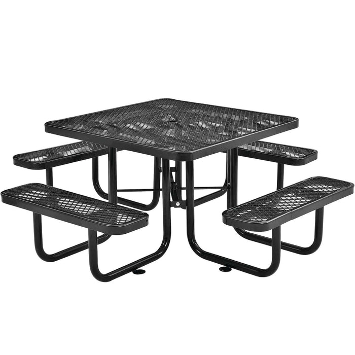 LAUCO Square Picnic Table, Expanded Metal, Black Thermoplastic Coating, Attached Benches, 1-1/2” Umbrella Pole Hole, Outdoor-Rated, 1000 lb Capacity (Black) 36036